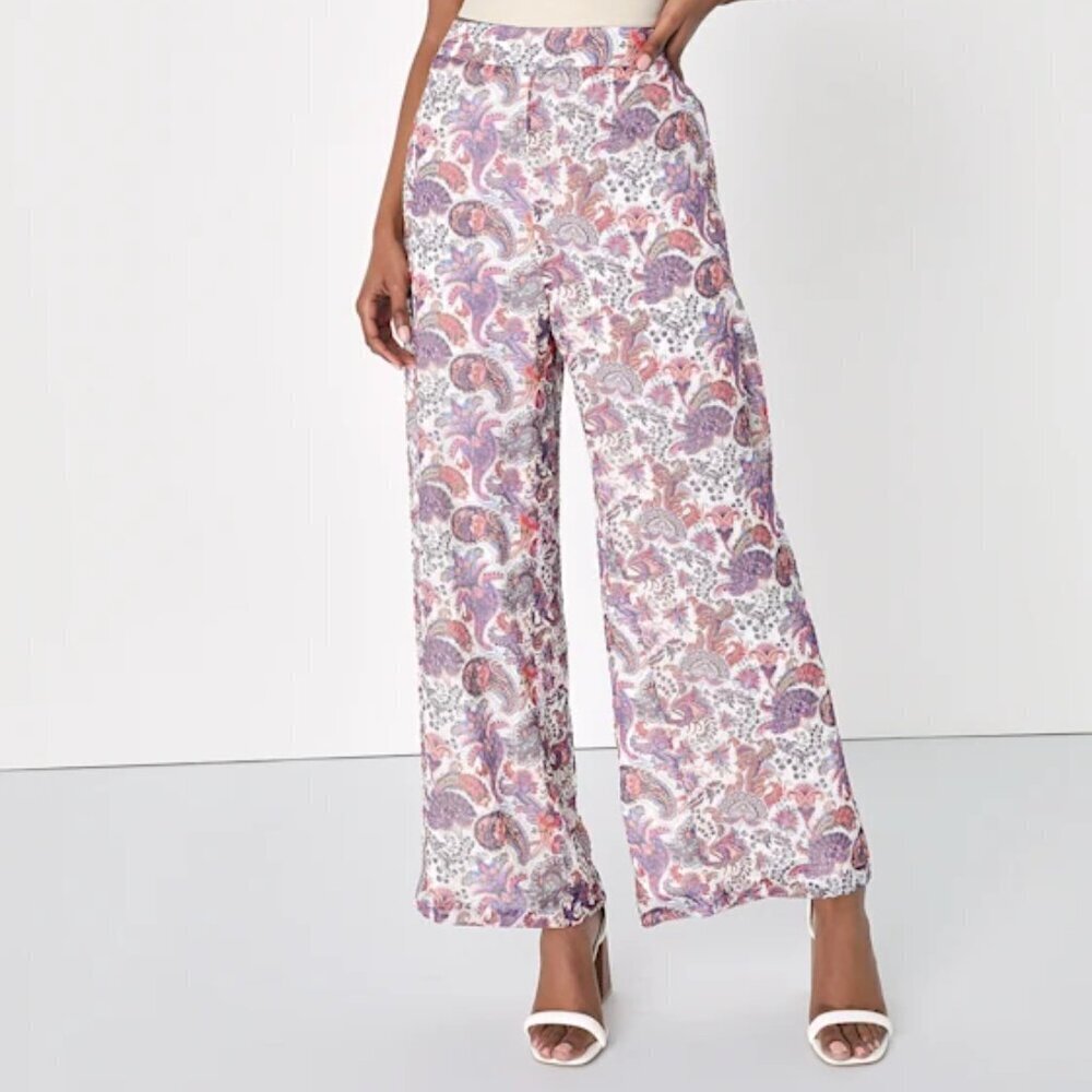 Lulu's Carefree Stunner Paisley Print Wide-Leg Flowy Pants size L beach boho 70s